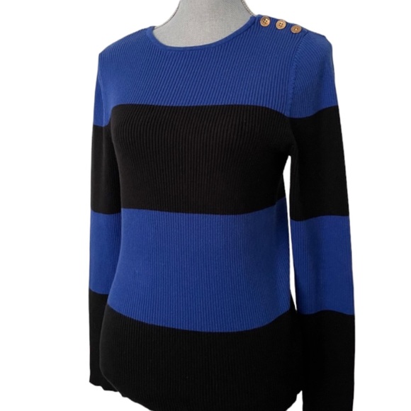 LAUREN RALPH LAUREN RIB KNIT SWEATER STRIPED BLUE BLACK SIZE L - Picture 1 of 6